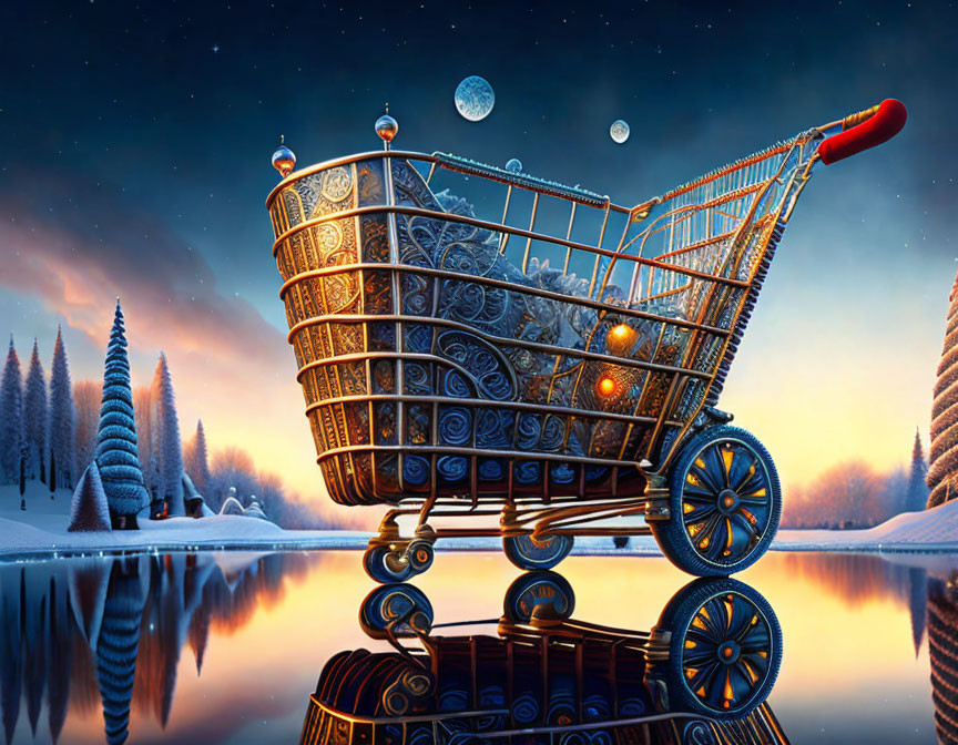 Ornate shopping cart by reflective lake in snowy forest night