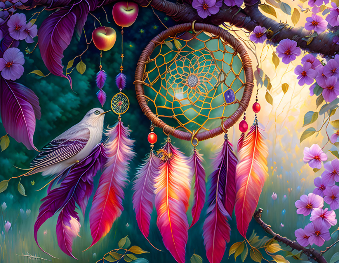 Colorful dreamcatcher with vivid feathers on blooming tree branch in enchanted forest