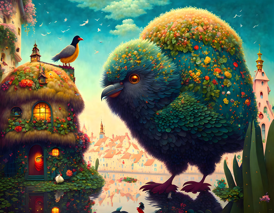 Whimsical artwork: Large bird with houses and village under sunset sky