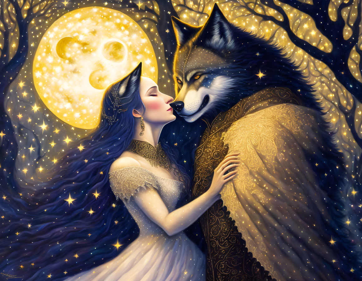 Fantastical woman with blue hair embracing giant wolf under starry night sky.