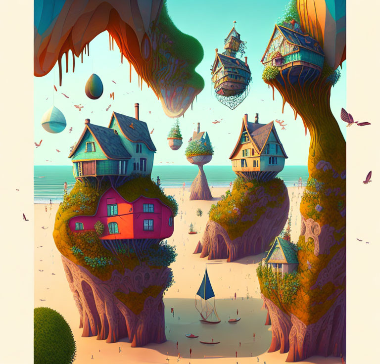 Floating islands and stylized houses in whimsical landscape with sailboat and pastel sky