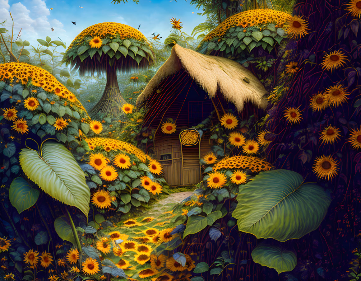 Colorful jungle scene with sunflowers, oversized foliage, and a thatched hut.