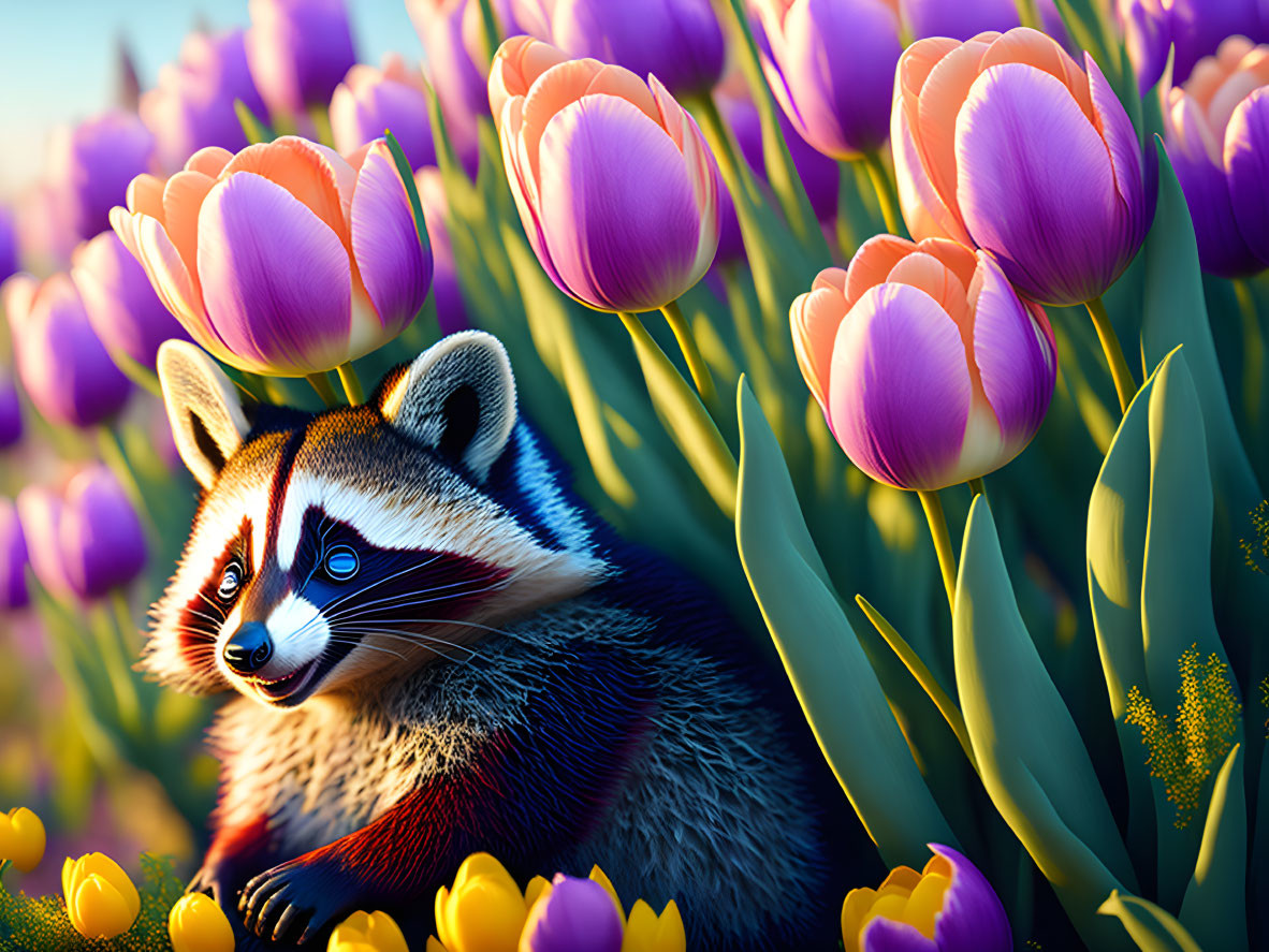 Raccoon in vibrant purple and yellow tulips under soft sunlight