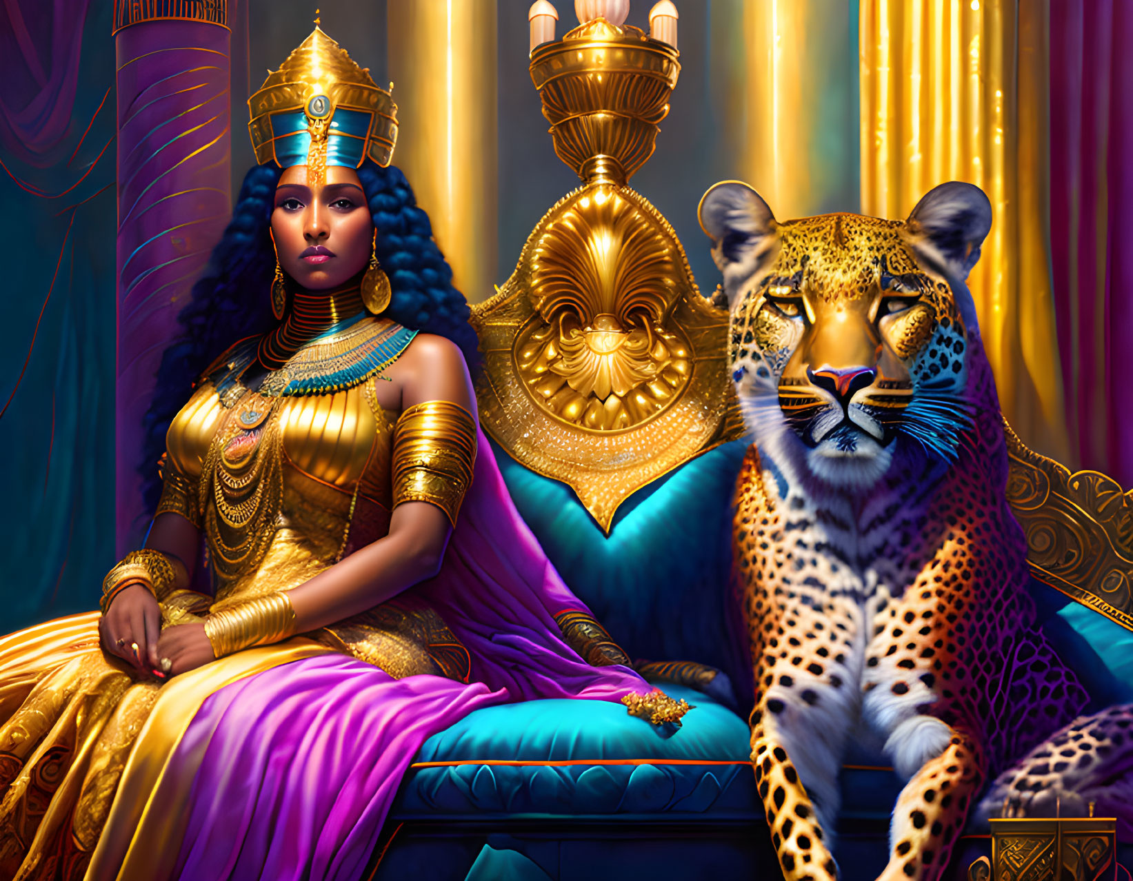 Regal woman with golden crown sitting next to leopard in luxurious setting