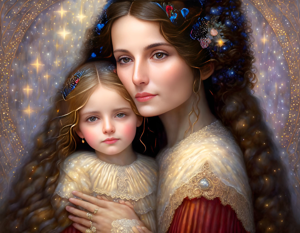 Ethereal digital artwork of woman and girl with celestial hair accessories