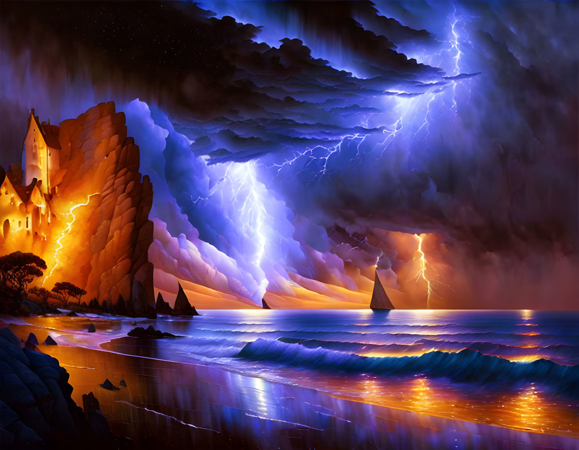 Dramatic coastal night scene with lightning, castle, sailboats, and starry sky