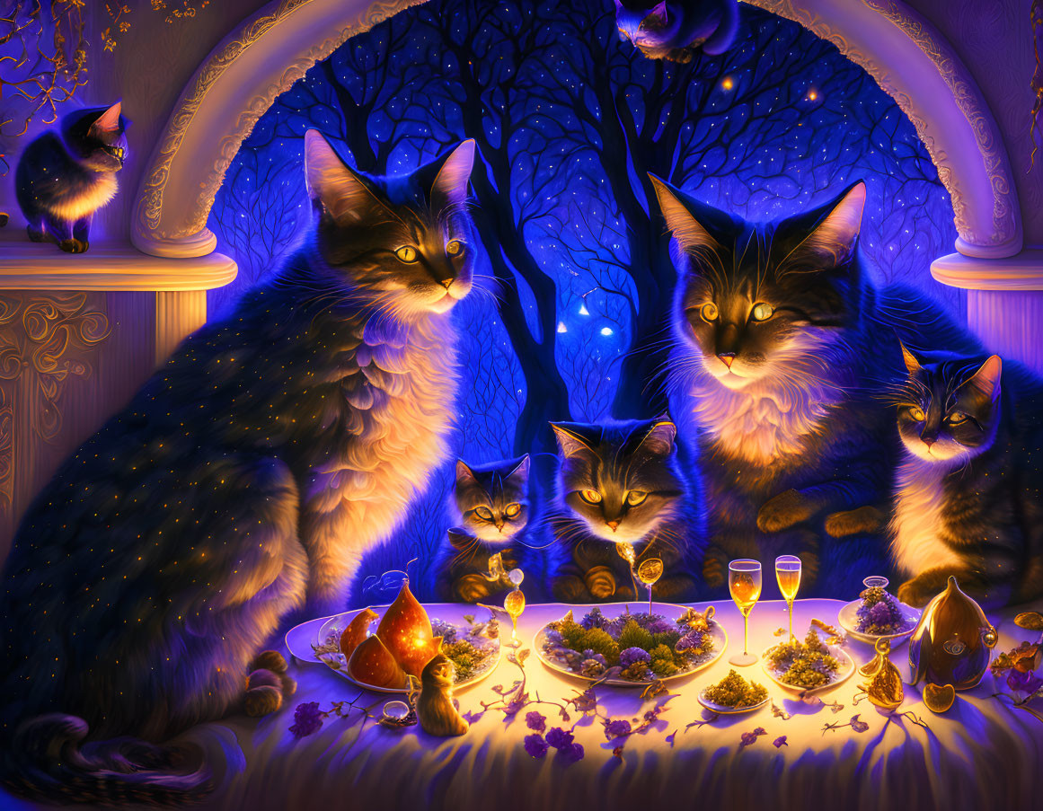 Five Fluffy Cats Feast Under Moonlit Archway