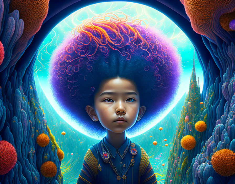 Colorful Afro Child in Fantasy Landscape with Glowing Elements