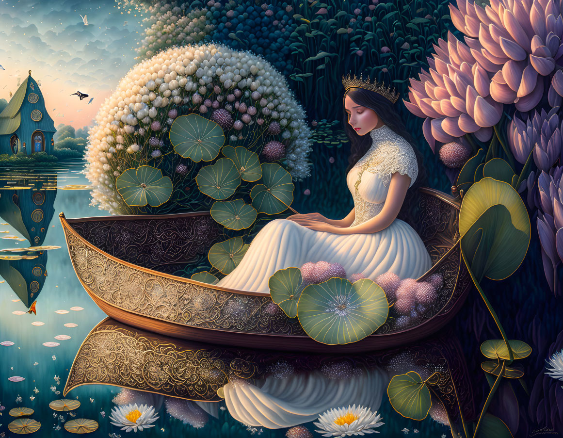 Woman in ornate boat surrounded by giant water lilies at twilight