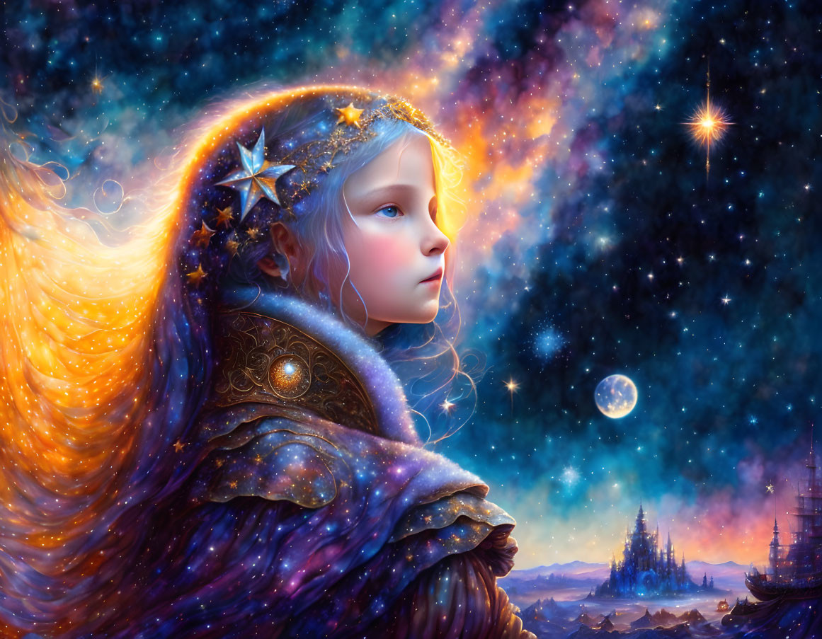 Young girl in cosmic-themed attire gazes at starry space