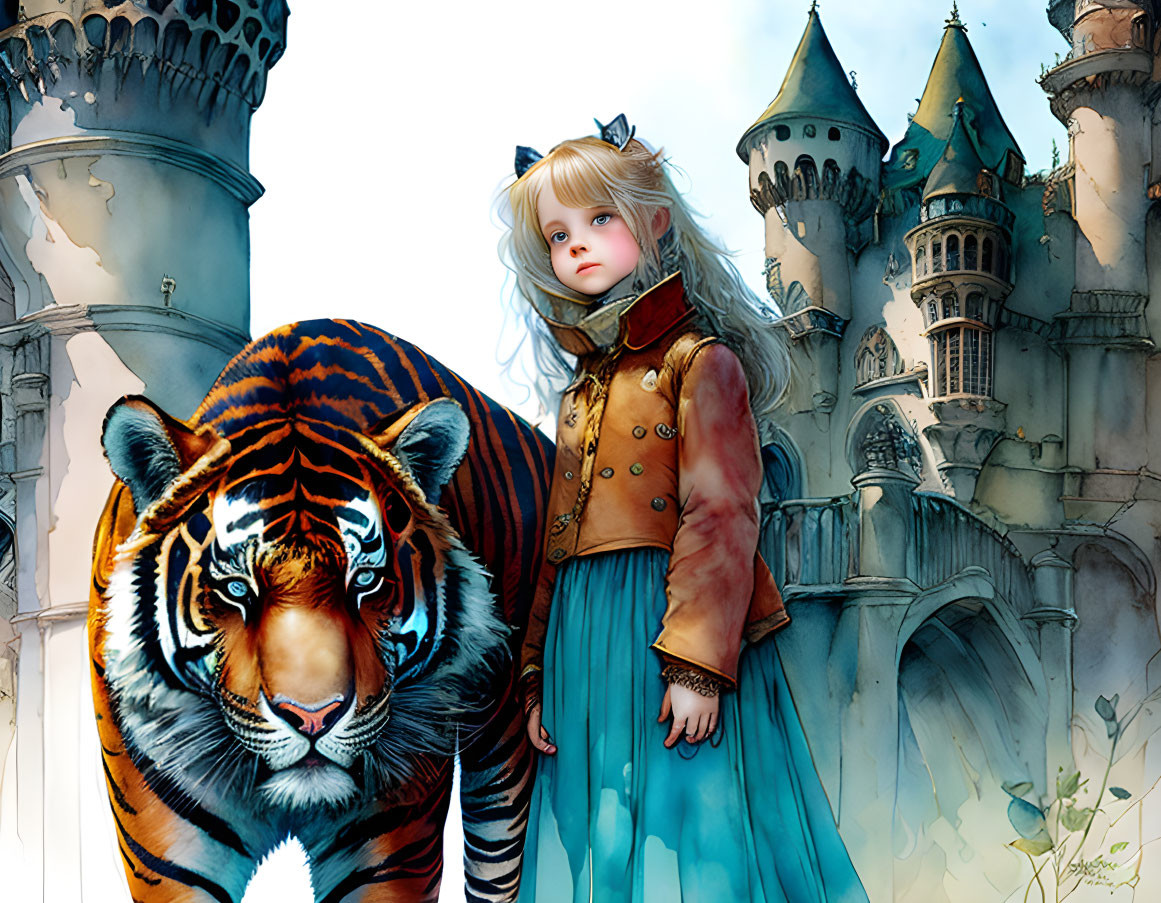 Young girl in vintage dress with large tiger by whimsical castle spires