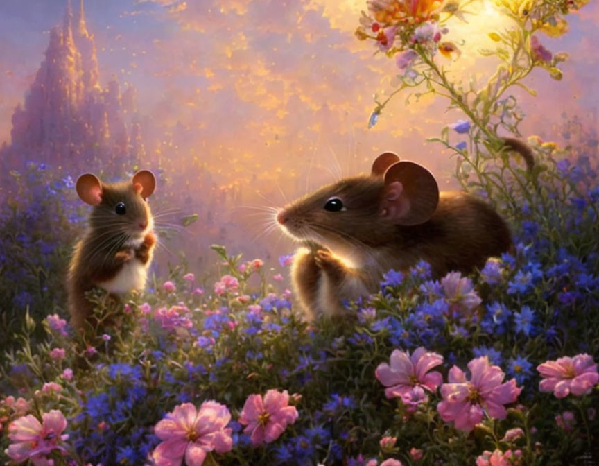 Two cute mice in fantasy meadow with pink flowers, magical castle in vibrant sunset sky