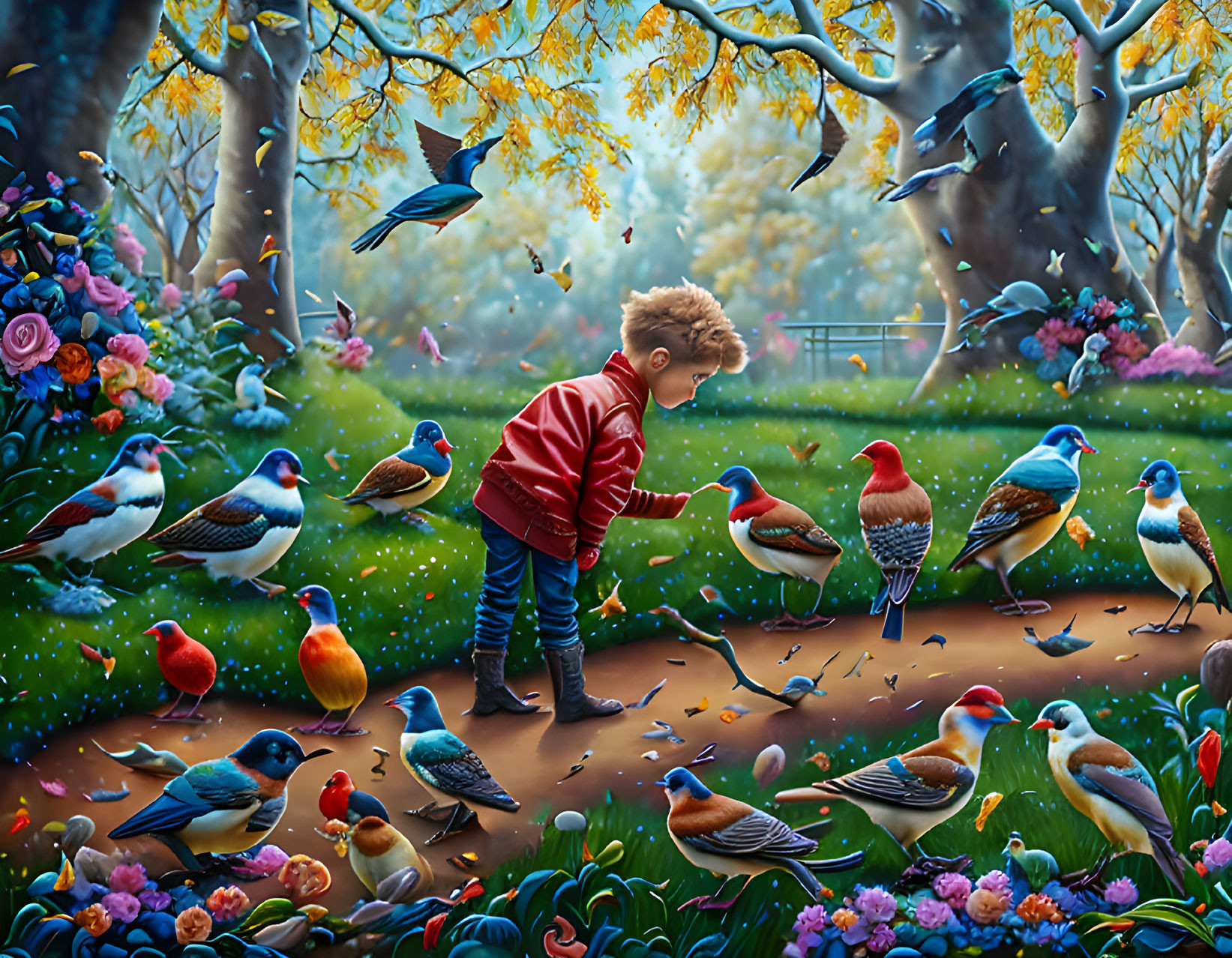 Child in Red Jacket Interacts with Colorful Birds in Vibrant Garden