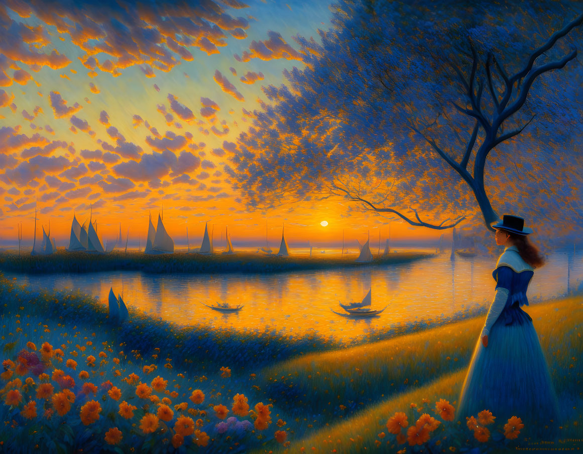 Victorian woman admiring sailboats at sunset