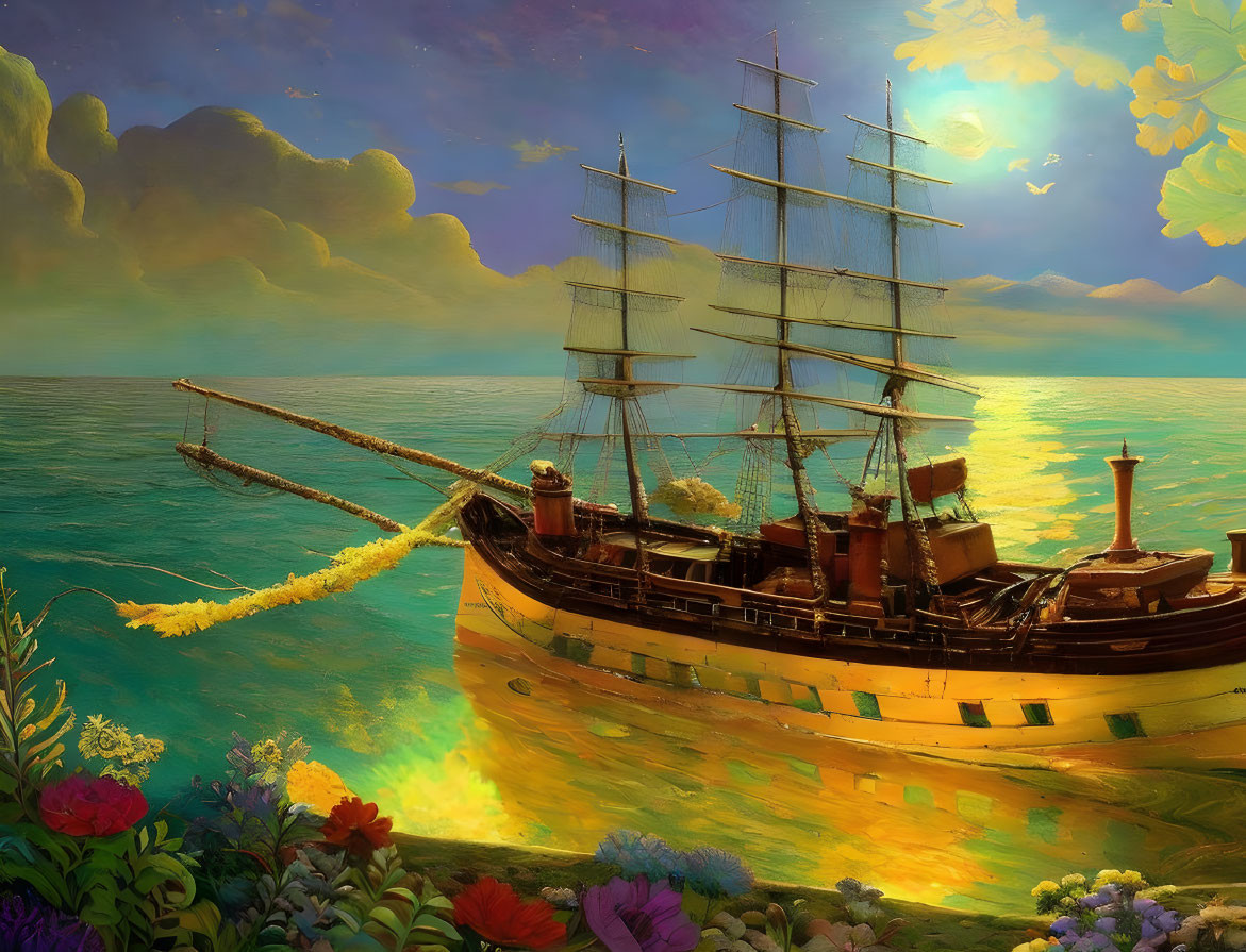 Colorful vintage ship painting near vibrant shoreline under golden sunset.