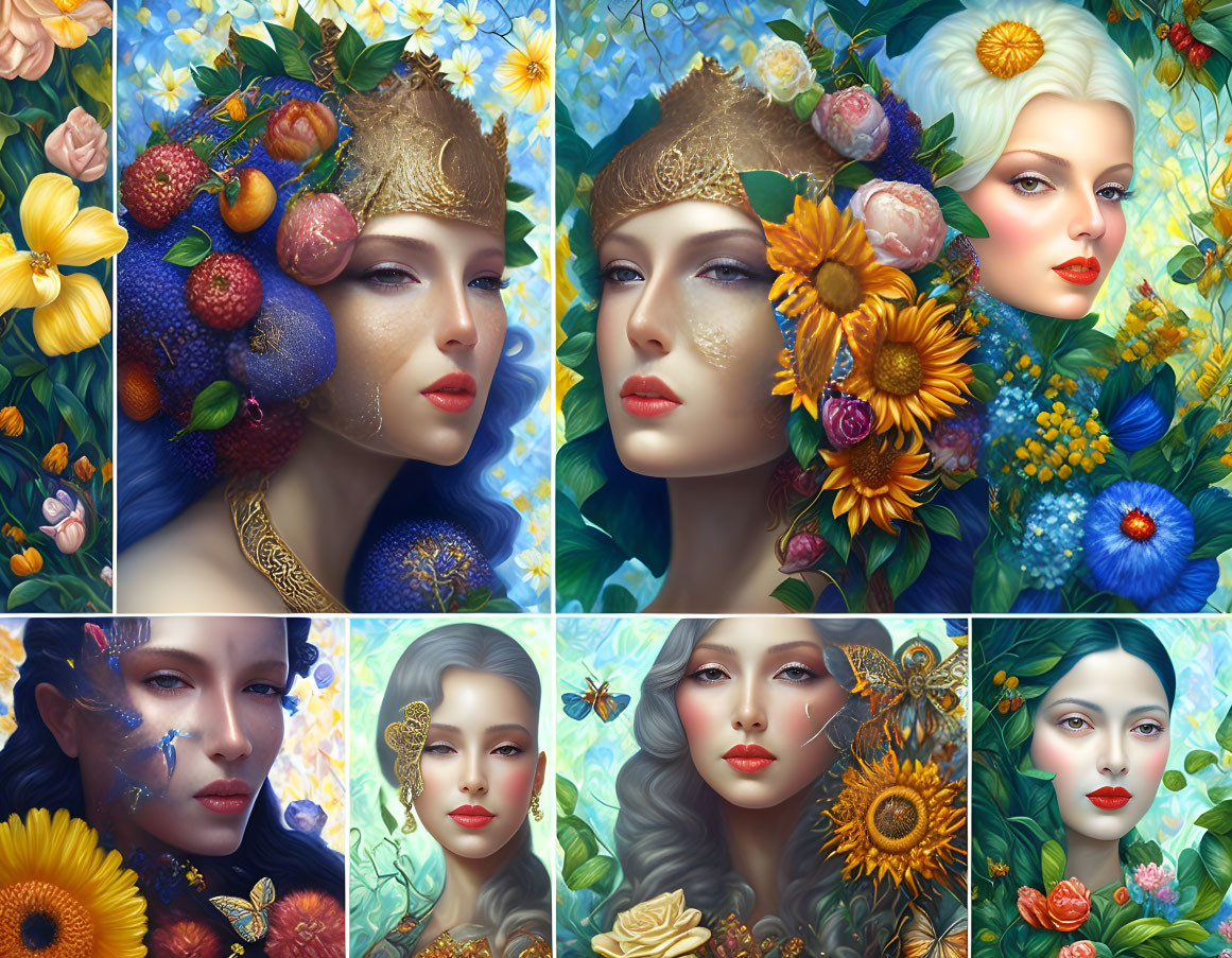 Four women portraits with nature-inspired elements and floral motifs in a vibrant, fantastical setting