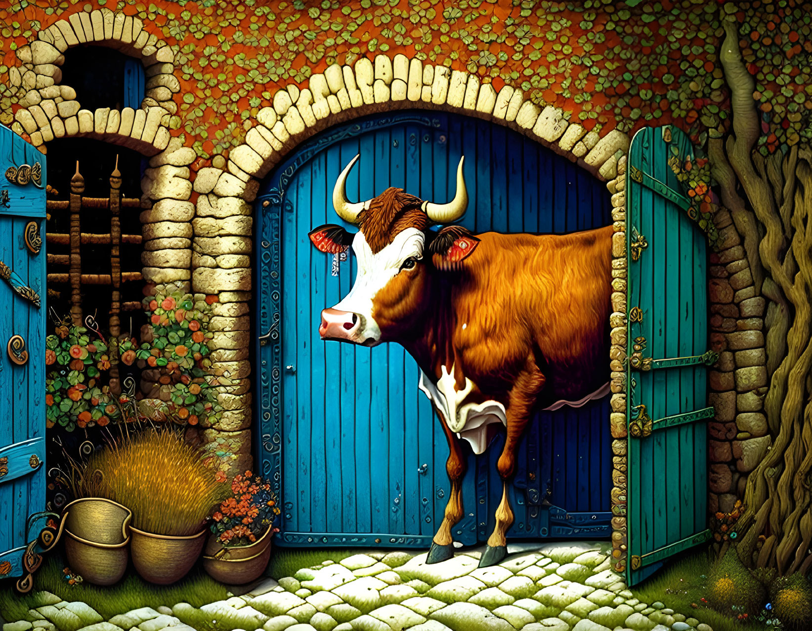 Illustration: Cow in doorway of stone cottage with blue doors, lush greenery.