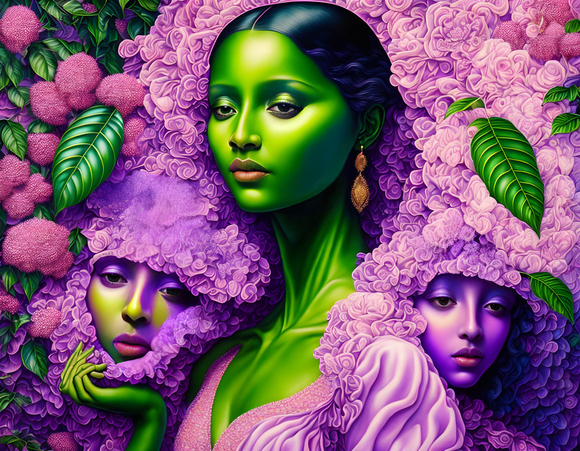 Vivid portrait of three green-skinned women in lush botanical setting