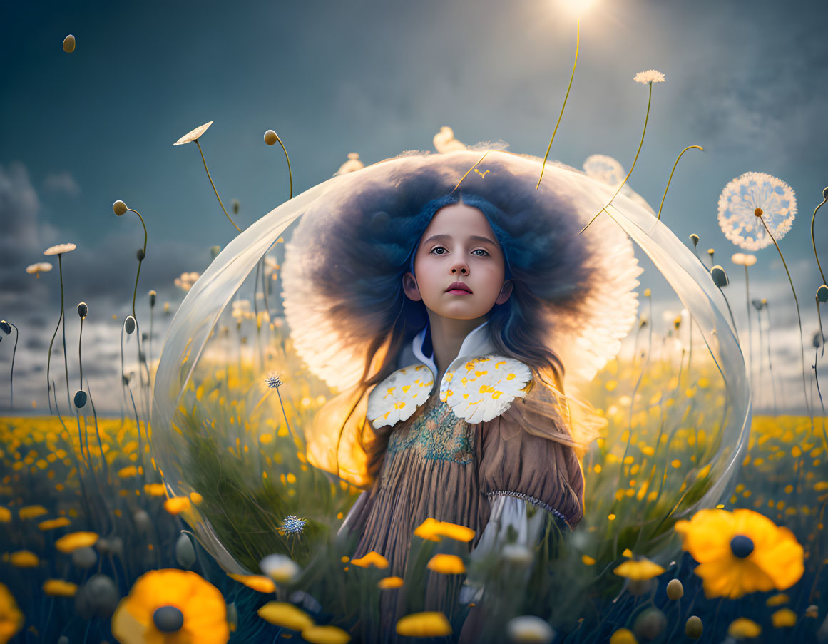 Young girl in vibrant yellow flower field under dramatic sky