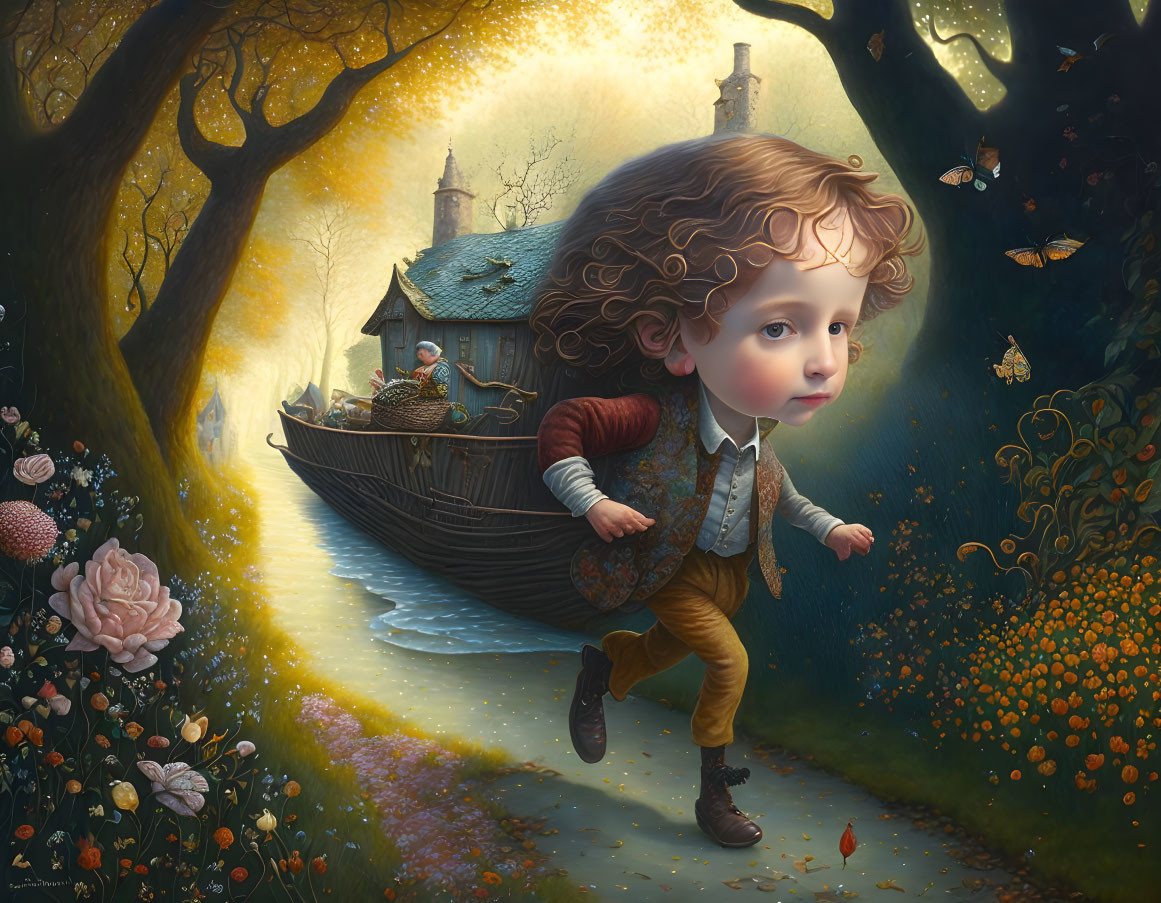 Surreal illustration: large-headed child running, woman rowing boat in autumn forest with butterflies.