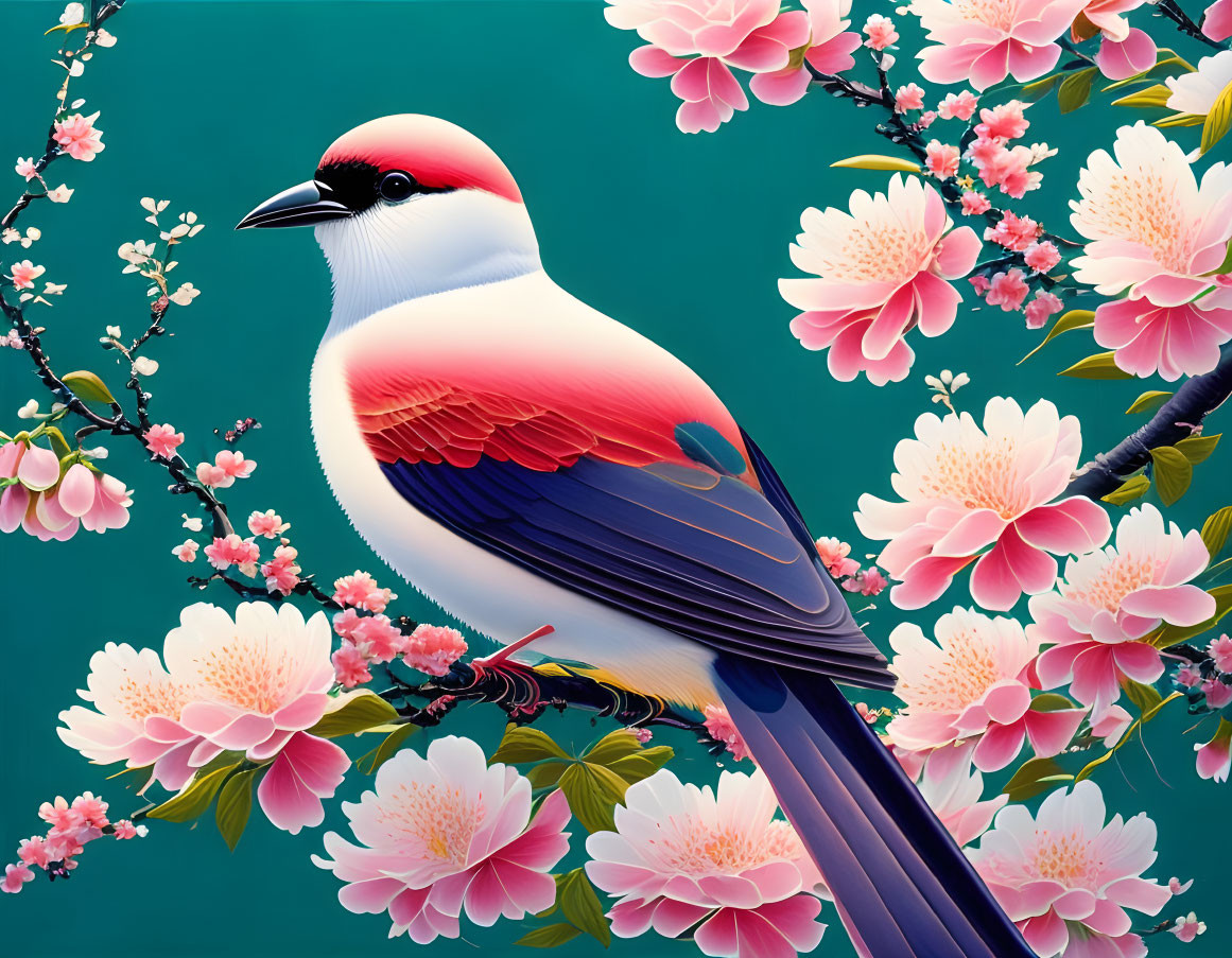 Colorful Bird Illustration Perched on Branch with Pink Flowers