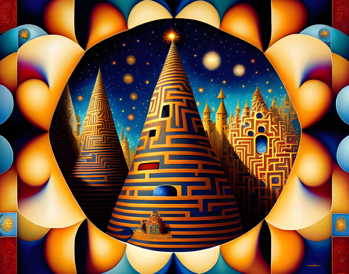 Colorful artwork: Pyramid structures with maze patterns under starry sky in tulip petal frame