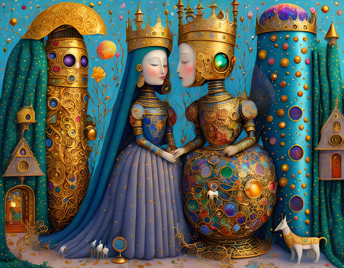 Ornate robotic queens in detailed chamber with dog