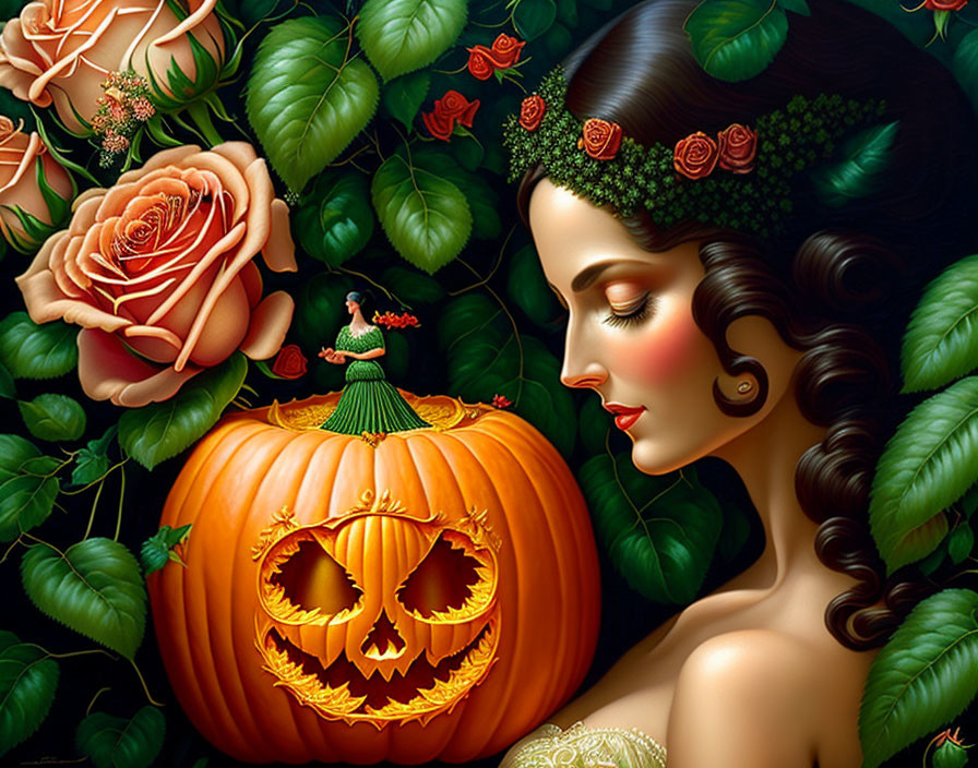 Digital artwork of woman with rose wreath and miniature figure on pumpkin in greenery