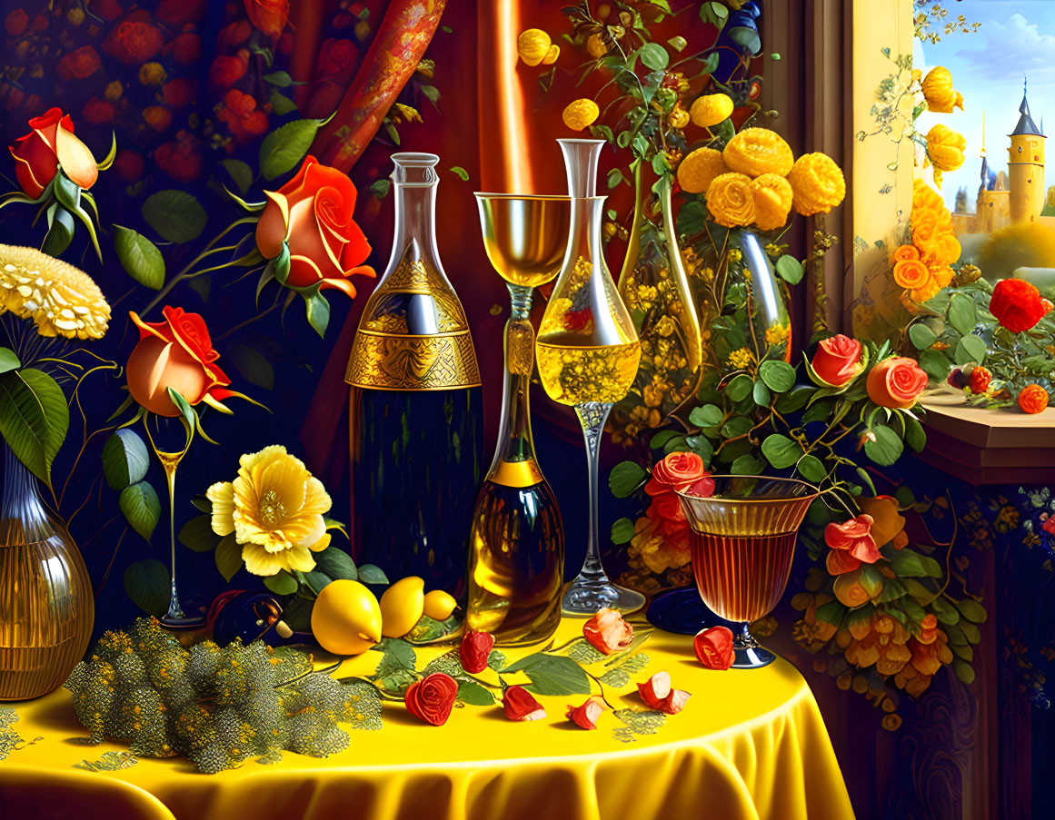 Colorful still-life with wine bottles, glasses, roses, and a castle in the background