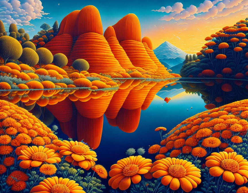 Tranquil sunset landscape with orange flora, hills, lake, mountain.