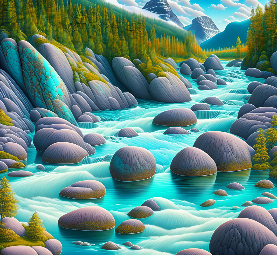 Surreal landscape with smooth stones in turquoise river