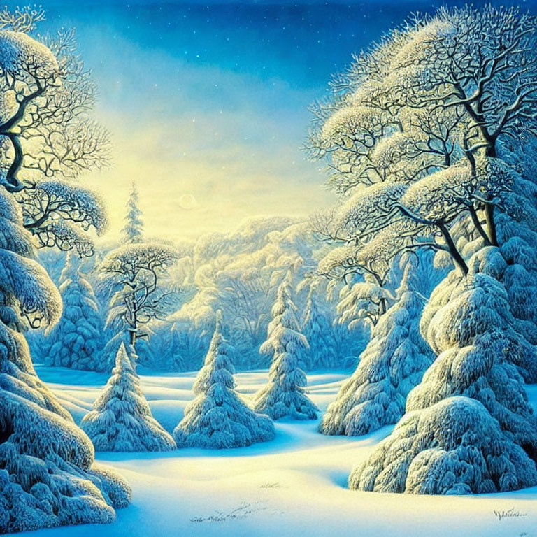 Snow-covered trees under starry sky in serene winter dusk