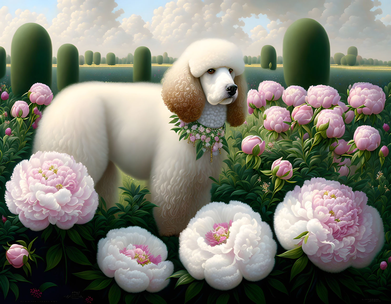 White Poodle Surrounded by Pink Flowers and Peonies in Surreal Garden