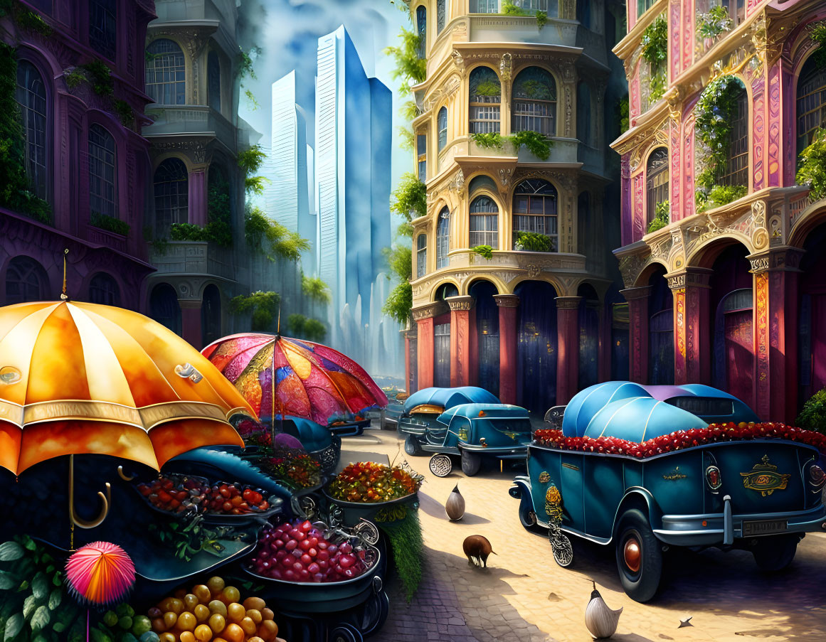 Vibrant street scene with fruit stands, vintage cars, and skyscrapers