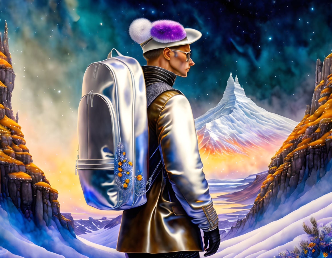 Futuristic silver jacket and purple hat against vivid mountain landscape