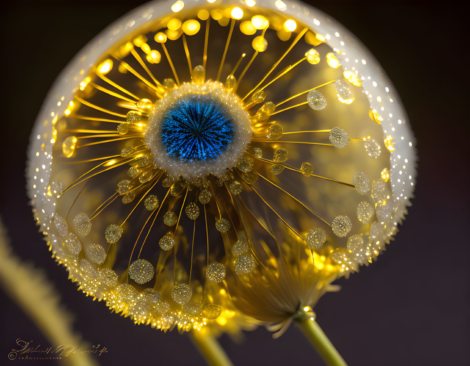 Glowing dandelion with water droplets showcasing intricate details