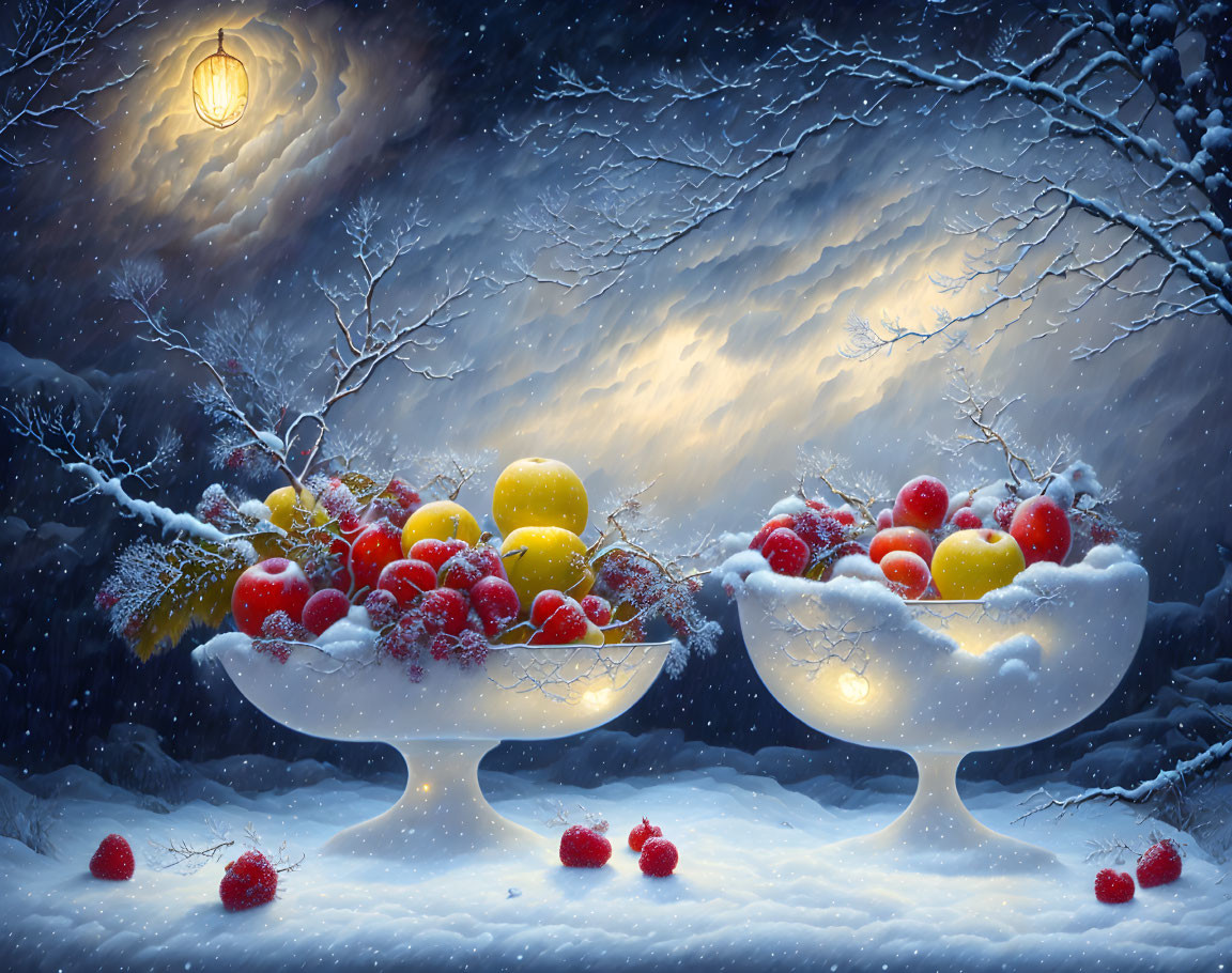 Colorful Fruit Bowls in Snowy Night Sky with Moon