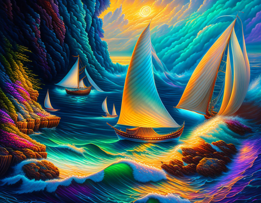 Colorful sailboats on undulating sea with whimsical clouds and radiant sun