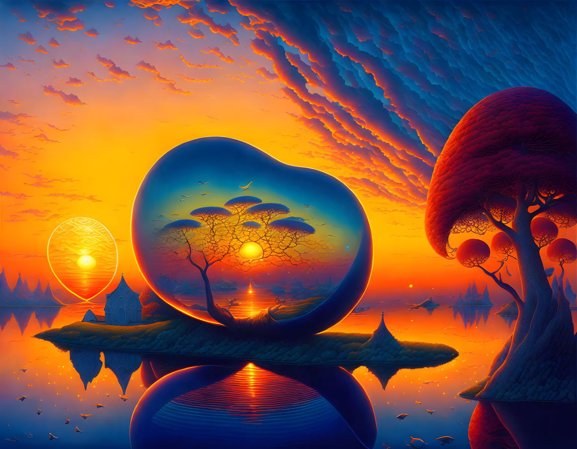 Surreal sunset digital art with circular motif, trees, reflective water