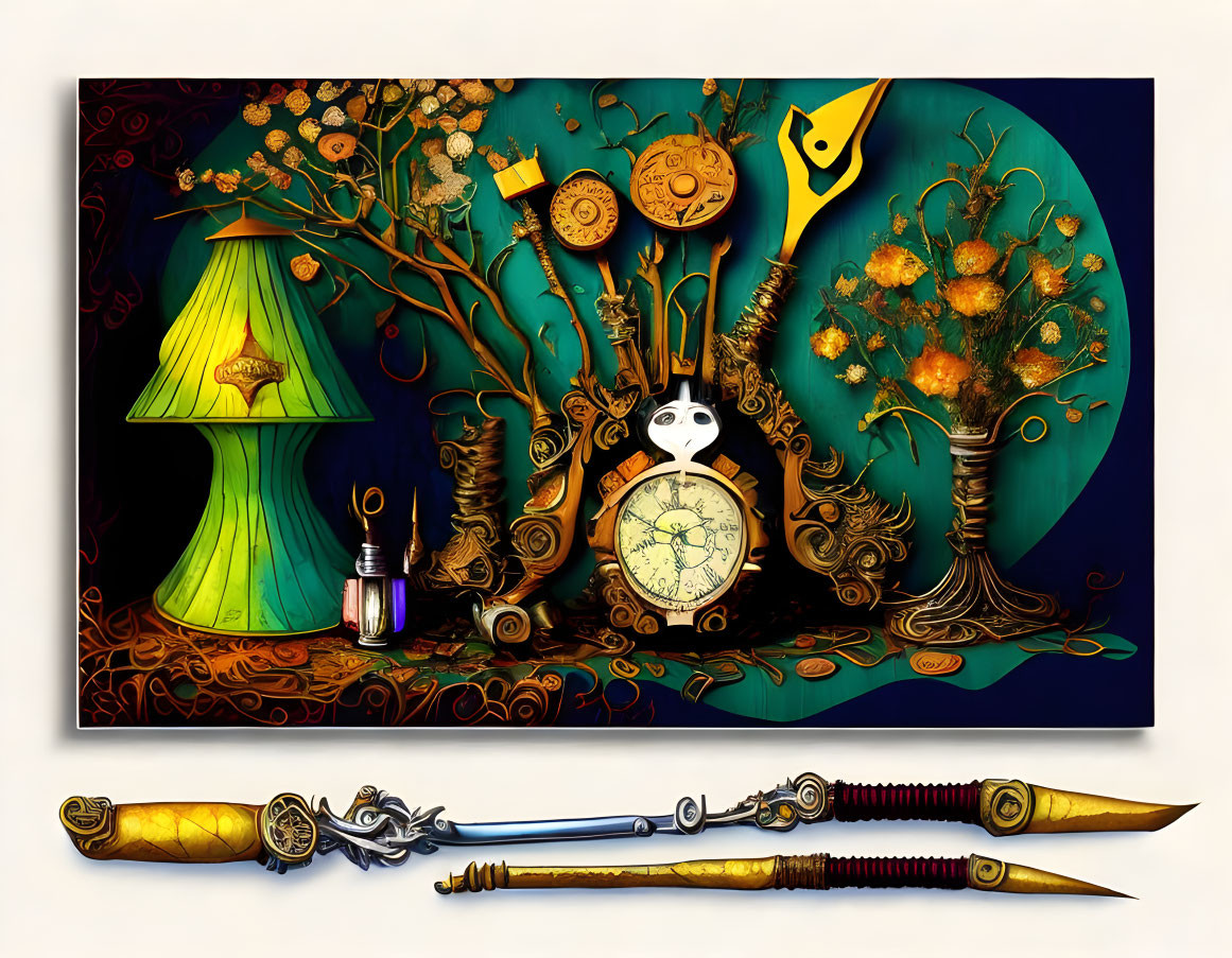 Colorful fantasy artwork with clock, lamps, quill, and ink bottle