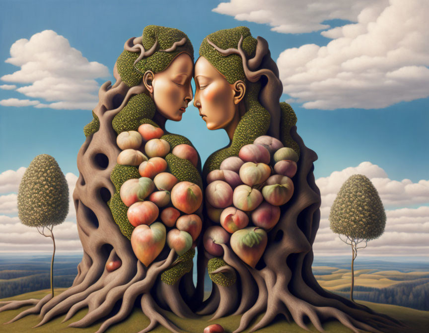 Surreal painting of tree-like figures with human faces and apples in a landscape