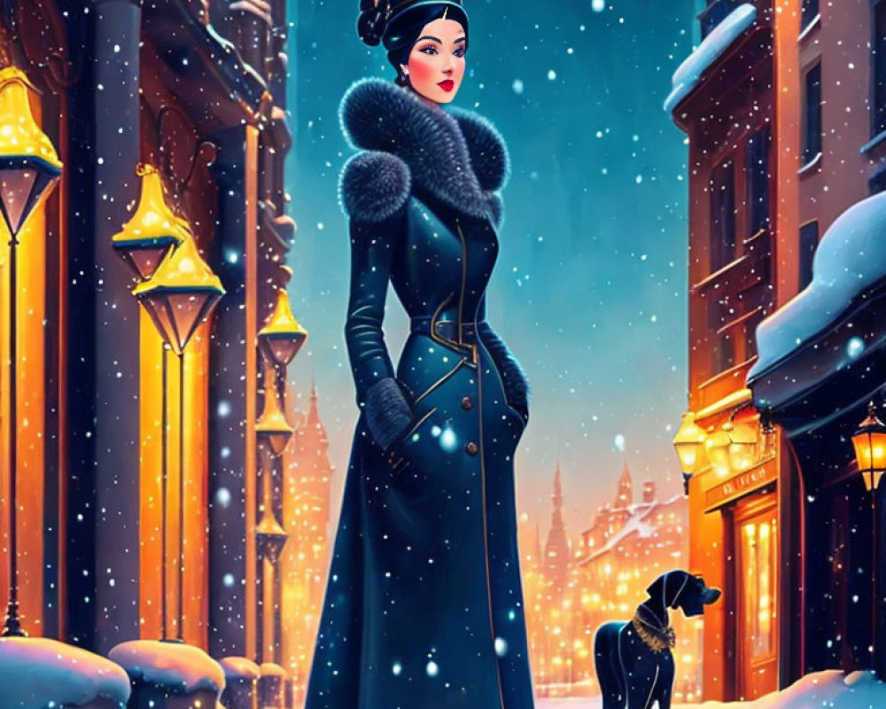 Illustration of woman and dog in stylish winter attire on snowy city street