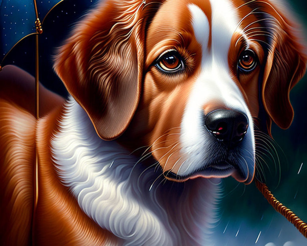 Brown and White Dog Holding Blue Umbrella in Mouth on Starry Night Background