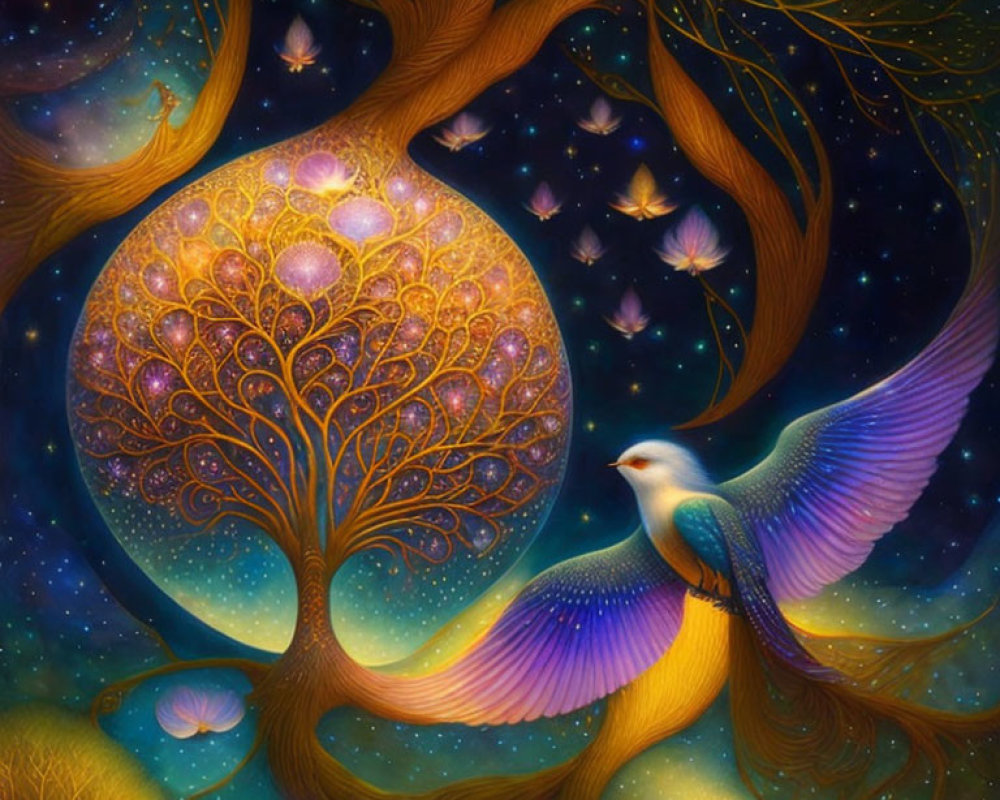 Colorful bird flying near magical tree with glowing orbs on starry night sky