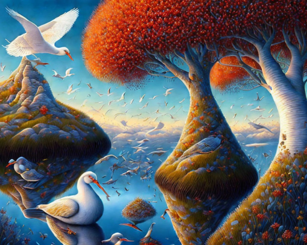 Surreal landscape with autumn trees and birds in serene sky