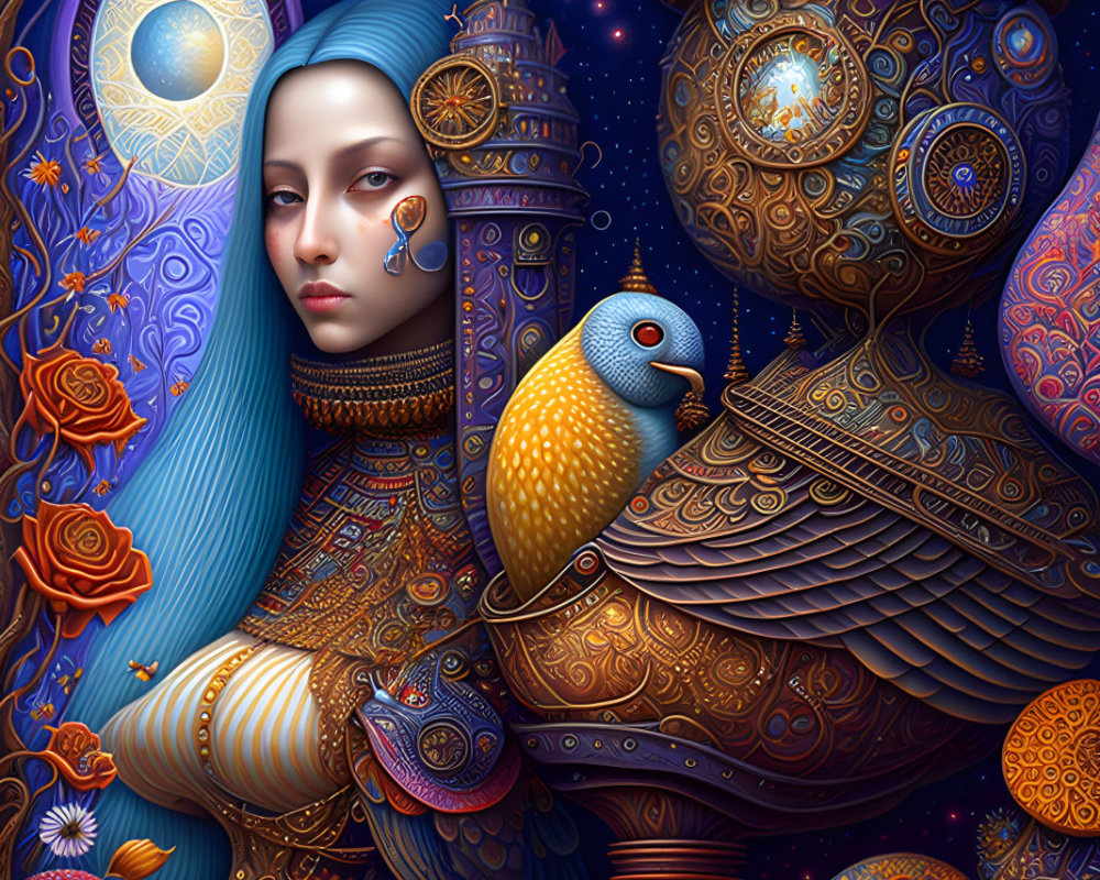 Fantastical Illustration of Woman with Blue Hair and Mechanical Details