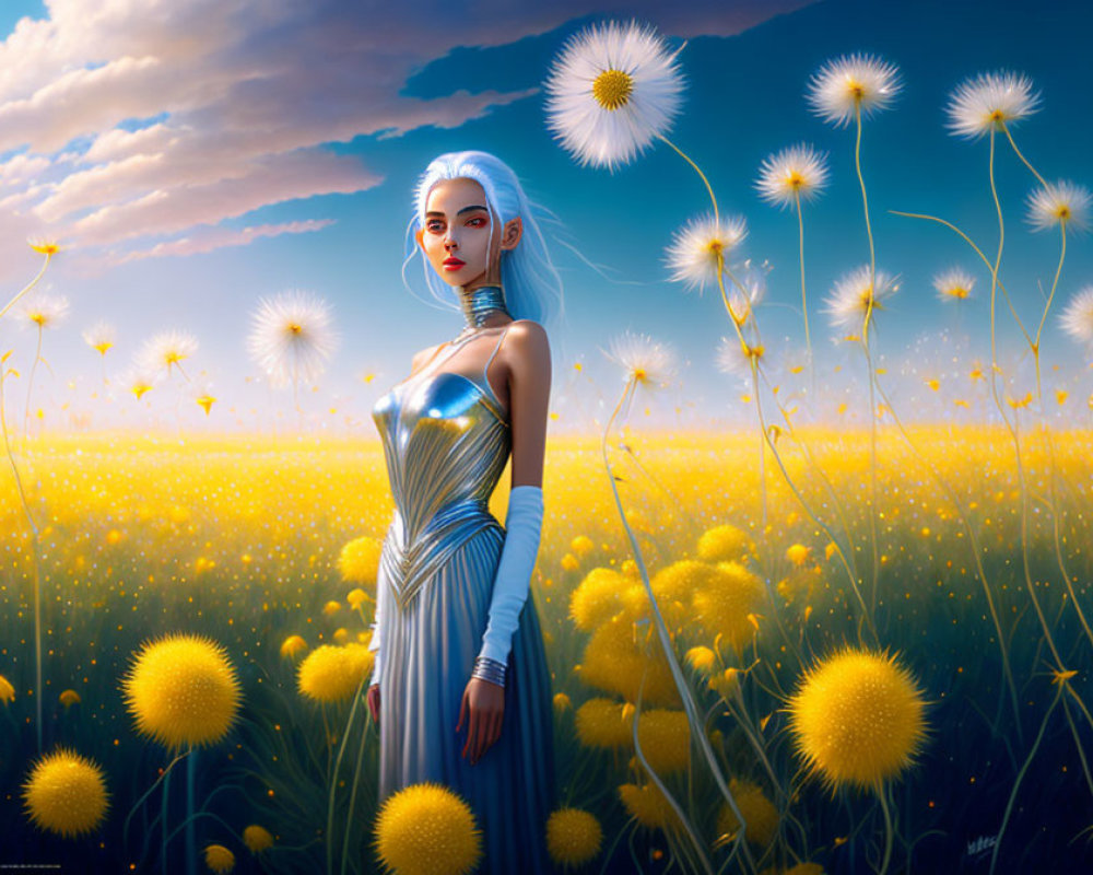 Digital artwork: Female android in blue dress in dandelion field at sunset