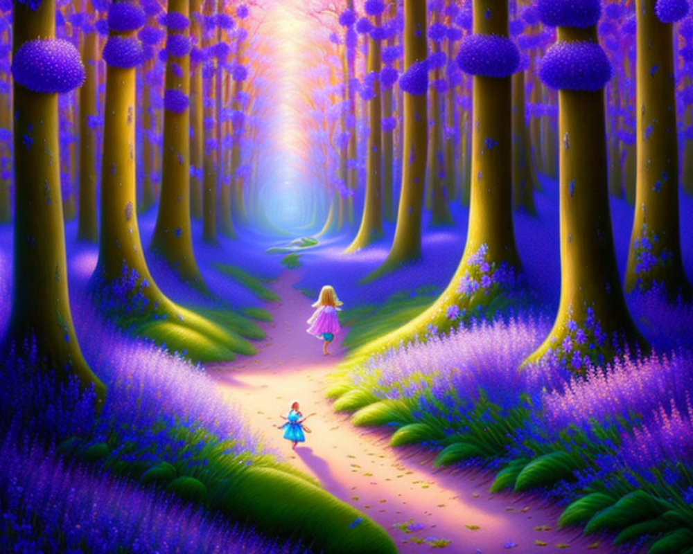 Enchanting forest scene with glowing purple trees and children walking towards light