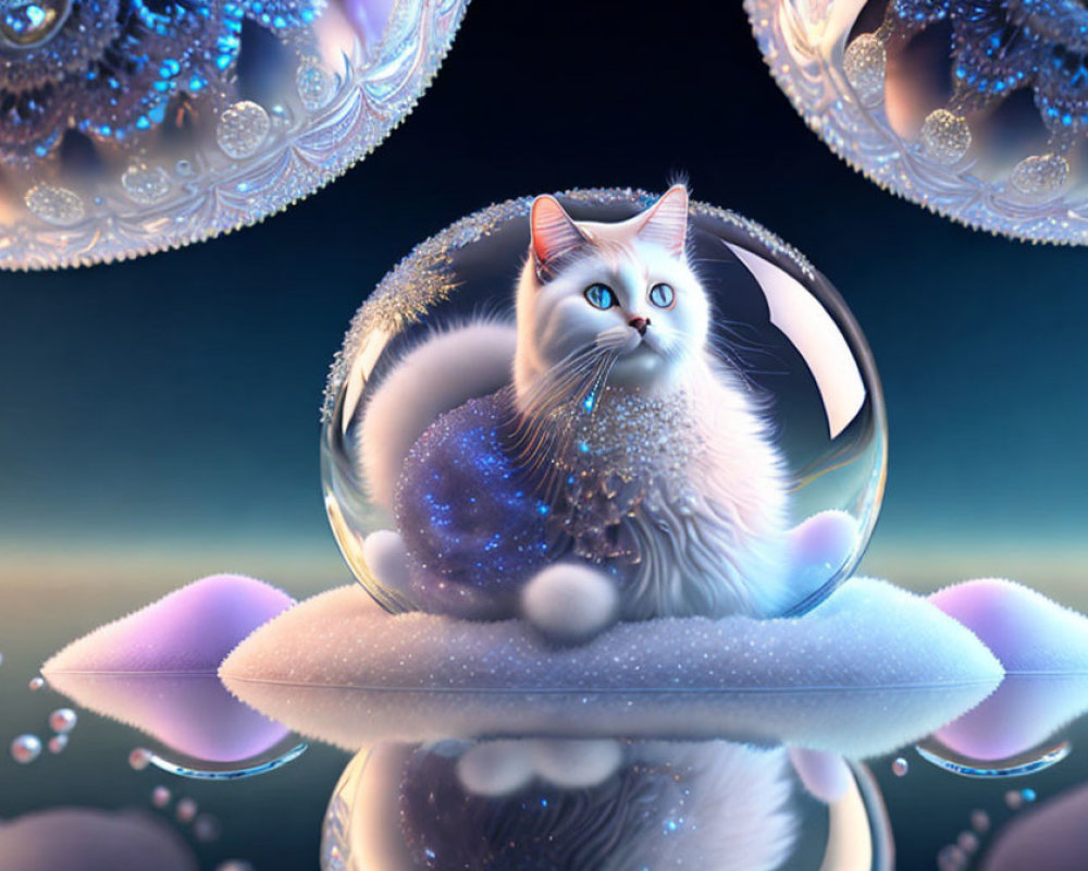 White Cat with Blue Eyes in Cosmic Bubble with Orbs