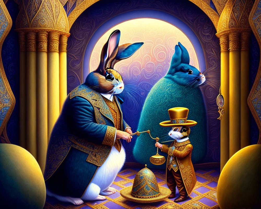 Anthropomorphic rabbits in blue and yellow attire by ornate doorway